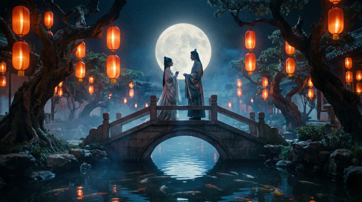 蘑菇视频古典爱情片拍摄剧照-月下花园场景